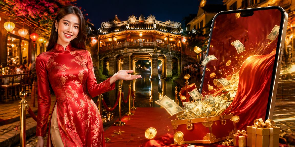 Người dùng xem thông tin hoàn tiền cashback tại Hội An trong trang phục áo dài truyền thống